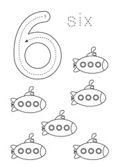 Flashcard number 6. Preschool worksheet. Black and white transport.