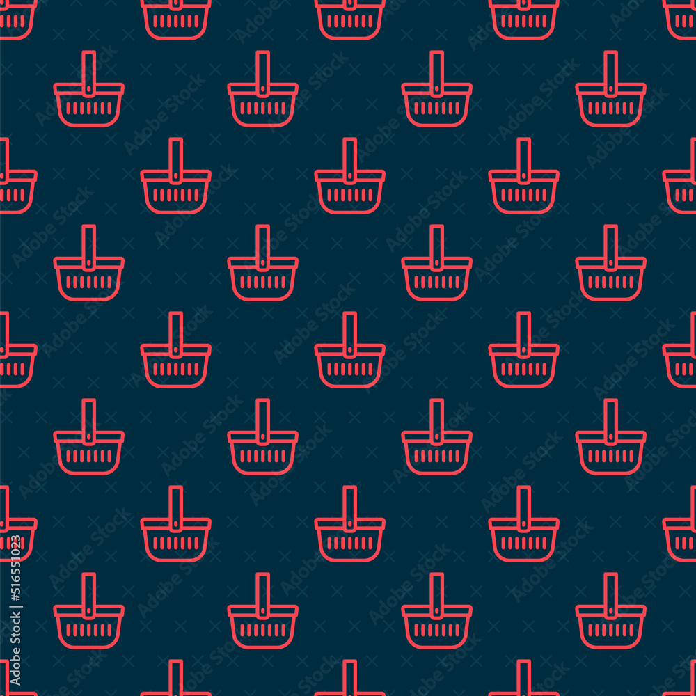 Poster red line picnic basket icon isolated seamless pattern on black background. vector