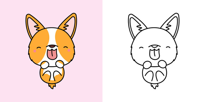 Corgi Clipart Multicolored and Black and White.  Beautiful Clip Art Welsh Corgi. Vector Illustration of a Kawaii Dog for Prints for Clothes, Stickers, Baby Shower, Coloring Pages.
