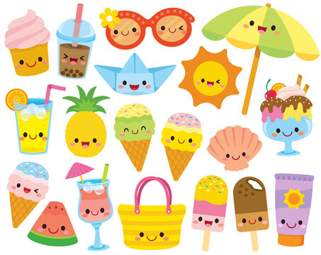 Cute kawaii summer clipart set. Cartoon characters of summer and beach related items.