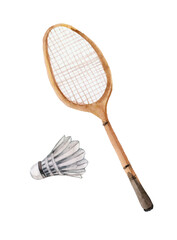 Watercolr wooden Badminton racket and shuttlecocks isolated on white