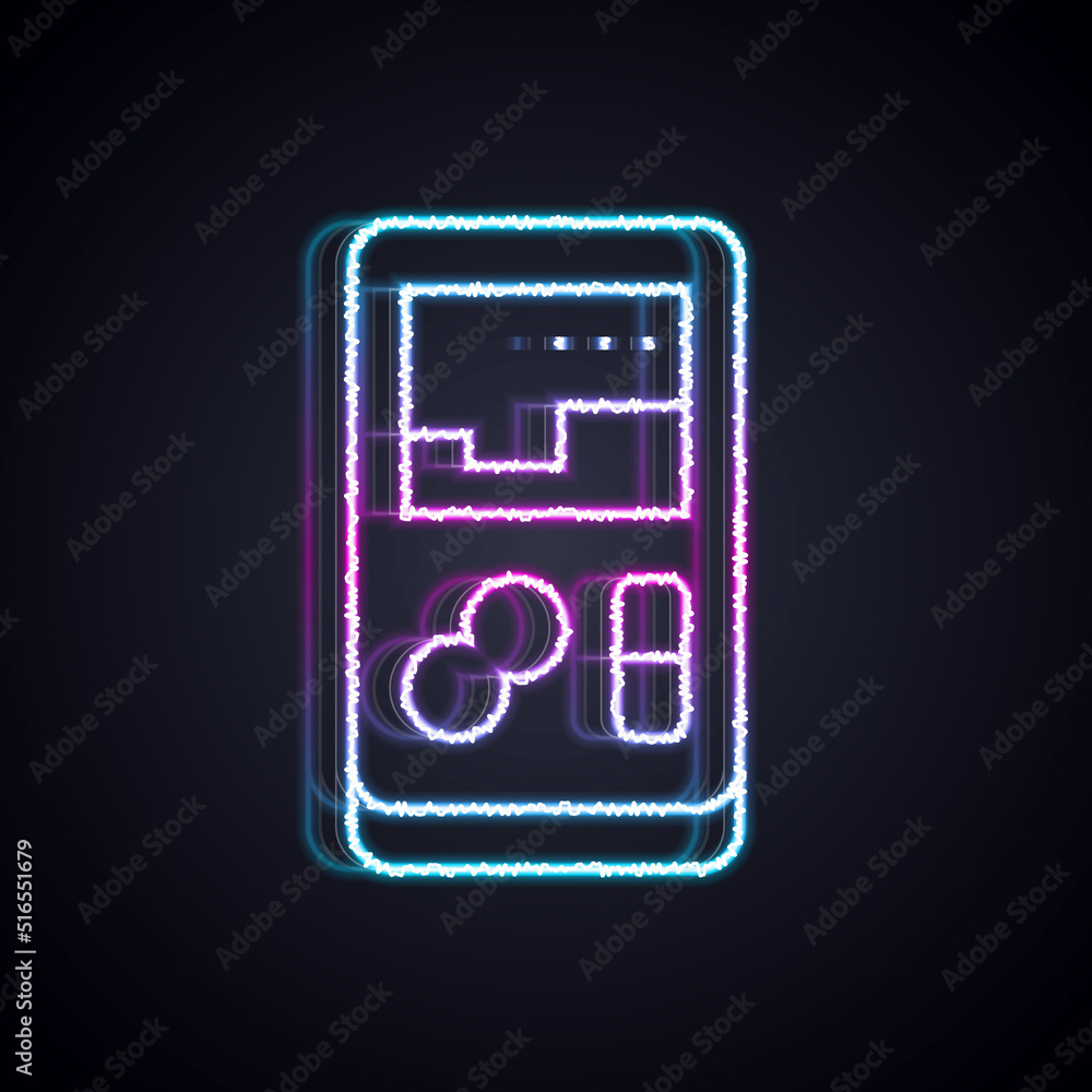 Poster glowing neon line portable video game console icon isolated on black background. handheld console ga