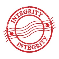 INTEGRITY, text written on red postal stamp.