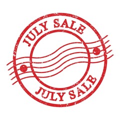 JULY SALE, text written on red postal stamp.