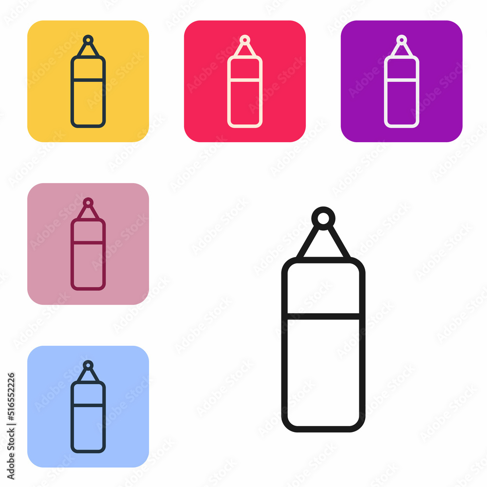 Poster black line punching bag icon isolated on white background. set icons in color square buttons. vector