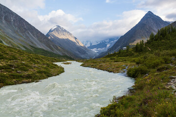 Naklejka na ściany i meble Belukha Mountain view. Akkem river. Mountain valley. Altai Mountains, Russia