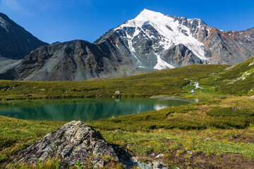Naklejka na ściany i meble The Valley of the Seven lakes with melting glaciers forming small mountain lakes of different colours, the Altai Republic, Siberia, Russian Federation