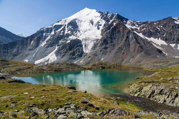 Fototapeta na wymiar The Valley of the Seven lakes with melting glaciers forming small mountain lakes of different colours, the Altai Republic, Siberia, Russian Federation