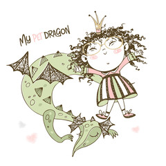 Cute fairy Princess with her pet dragon. Vector.
