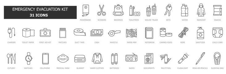 Vector objects set on white background of survival emergency kit for evacuation or disasters. Flat icon collection pack. Simple vector icons