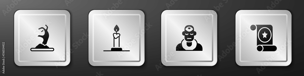 Poster set zombie hand, burning candle in candlestick, wizard warlock and magic scroll icon. silver square 