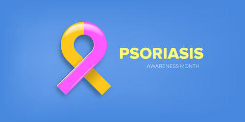 Psoriasis awareness month concept horizontal banner design template with yellow and violet ribbon and text isolated on blue background. August is Psoriasis awareness month vector flyer or poster