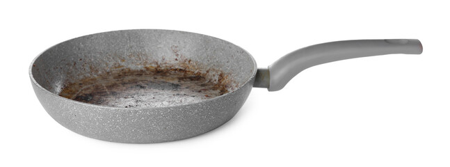 Dirty granite coating frying pan isolated on white