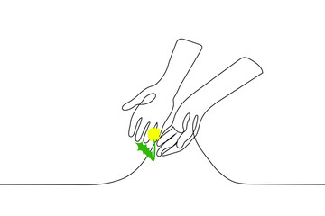 Obraz premium human hands touching single yellow dandelion - one line drawing vector. concept eco-friendly, love for nature and flora, a flower that sprouted in difficult conditions