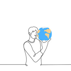 man holds a small planet Earth in his hand - one line drawing vector. concept ruler of the earth, the fragility of the ecology of the environment, the global problems of the world
