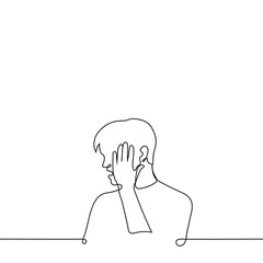 man holding his temple, rubbing his temple - one line drawing vector, concept of headache or mental problems