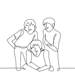 group of men looking at viewer, fisheye frame - one line drawing vector. concept observers, posing for photo, square crop