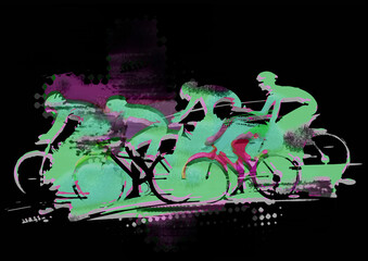 Obraz na płótnie Canvas Cycling race, green silhouettes. Expressive stylized drawing of a group of cyclists at full speed. Black background.