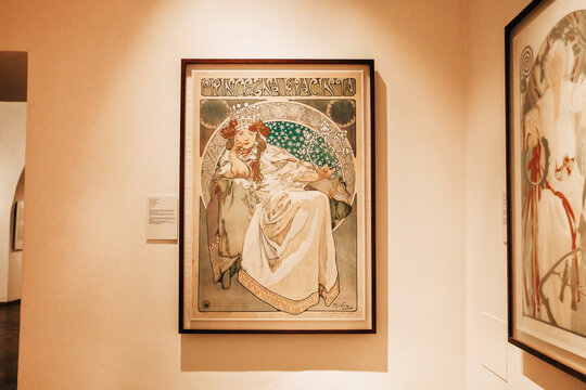 Prague, Czech Republic - July 2022. Alphonse Mucha Museum. Exhibition of paintings, drawings, posters and lithographs. Gallery dedicated to renowned painter, illustrator, graphic artist.