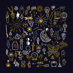 Magic Doodle Set. Vector Illustration of Mystery Objects in Sketch Style.