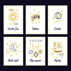 Magic Trendy Posters. Vector Illustration of Mystery and Witch Greeting Cards.