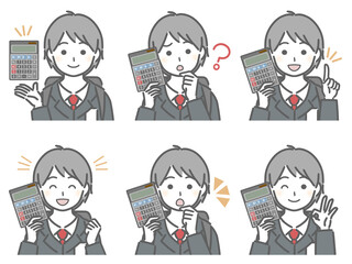 電卓を手に持つ少年（制服）