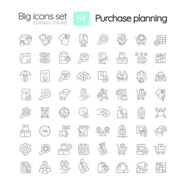 Procurement planning process linear icons set. Efficient products acquisition. Customizable thin line symbols. Isolated vector outline illustrations. Editable stroke. Quicksand-Light font used