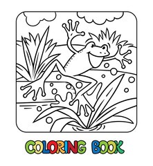 Funny jumping frog. Kids coloring book. Vector