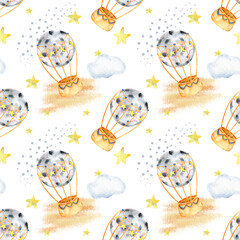 Seamless pattern with watercolor hand drawn illustrations of air balloons, stars and clouds. Pattern for kids, newborns, decor, design, wallpapers. 