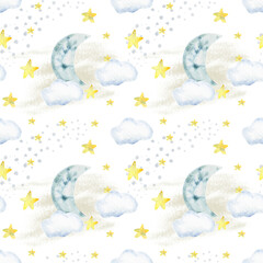 Obraz na płótnie Canvas Seamless watercolor pattern with hand drawn moons, stars and clouds. Pattern for kids, newborns, textile, wallpapers. Good night pattern. 