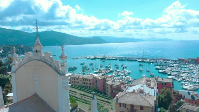 Aerial Drone - Harbor by the Sea with Church - Santa Margherita Ligure, Italy