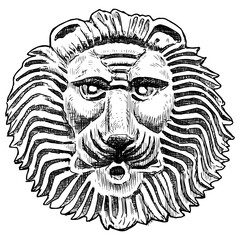 Hand drawing of decorative round architectural detail in shape of lion head