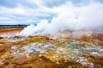 Picturesque landscape with green nature in Iceland during summer. Image with a very quiet and...