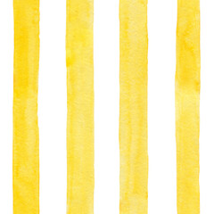 Hand painted yellow watercolor vertical stripes. Geometric seamless pattern. Soft paint brush lines. Bright background, wallpaper and fabric design