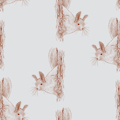Seamless pattern of sketches cute forest squirrel on tree trunk