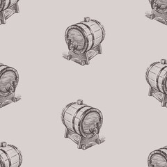 Seamless pattern of sketches small wooden wine barrel