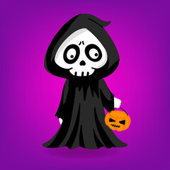 ghost Halloween character holding pumpkin.