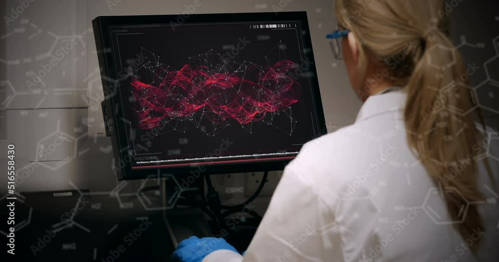 Poster animation of chemical formulas over back view of caucasian female lab worker using computer