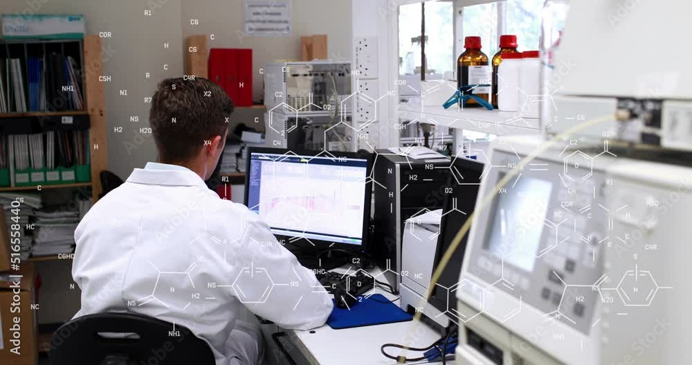 Poster animation of chemical formulas over back view of caucasian male lab worker using computer