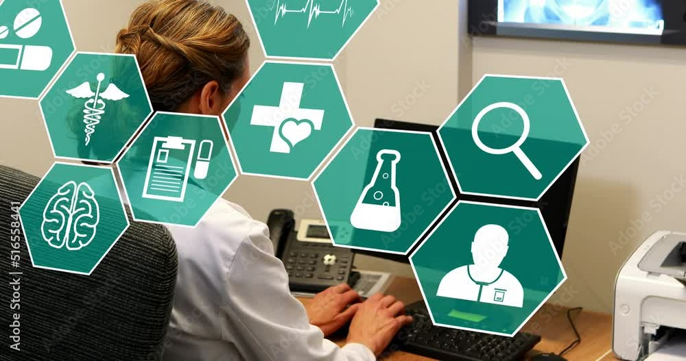 Poster animation of scientific icons in hexagons over caucasian female lab worker using computer