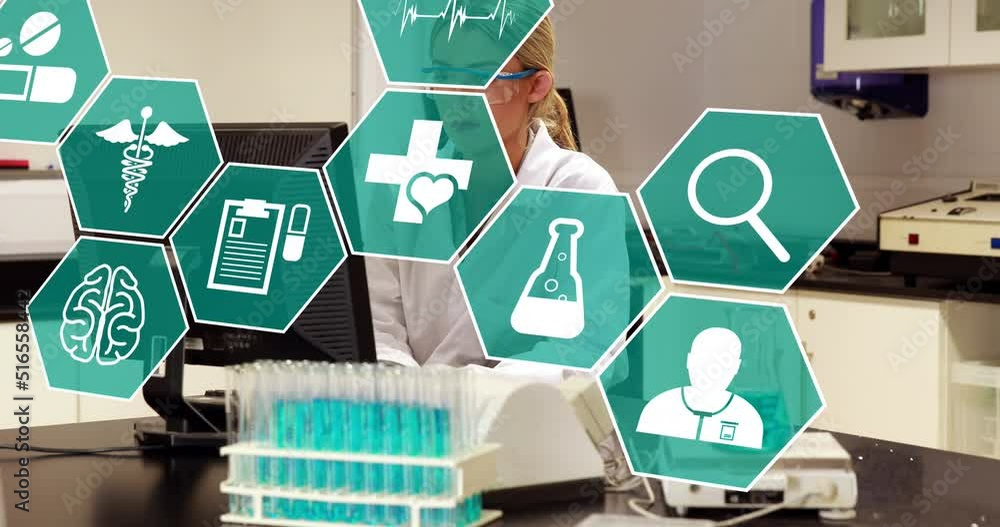 Aufkleber animation of scientific icons in hexagons over caucasian female lab worker using computer