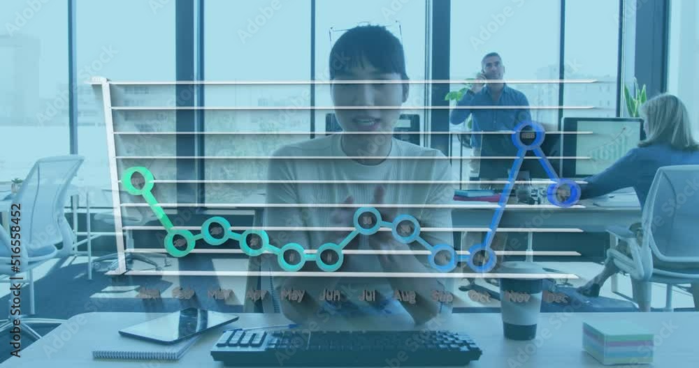 Poster animation of financial graphs and data over biaical woman having video call on computer in office