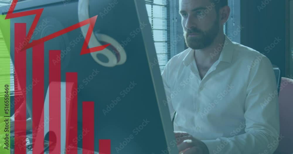 Poster animation of financial graphs and data over caucasian man using computer in office