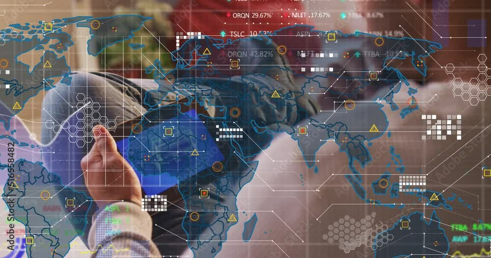 Aufkleber animation of world map and icons over caucasian man using smartphone