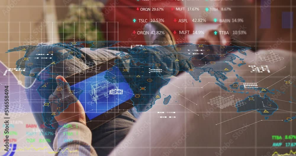 Aufkleber animation of world map and financial data over caucasian man using smartphone
