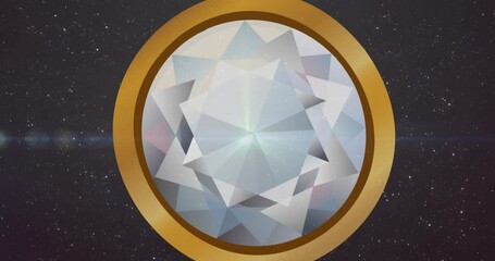 Animation of gold stamp with diamond over flowers and black background with light - Powered by Adobe