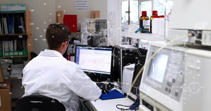 Animation of chemical formulas over back view of caucasian male lab worker using computer