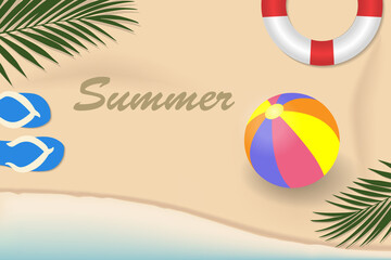 Summer background with top view of tropical summer design, palm leaves, ball, circle and flip-flops. Vector illustration