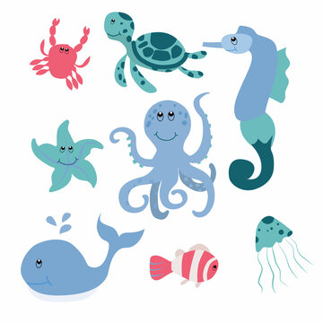 Sea animals. Crab, turtle, sea horse, fish, octopus, starfish, whale. Vector isolated illustration on white background.