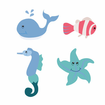 Sea animals. Whale, fish, sea horse, starfish. Vector isolated illustration on white background.